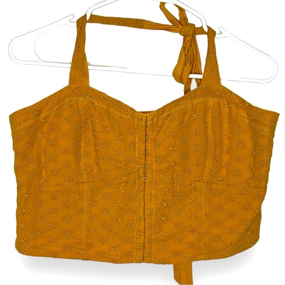 American Eagle Mustard Yellow Cropped Eyelet Smocked Halter Bustier Top